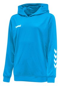 Jasnoniebieska bluza z kapturem wykonana z gładkiego materiału, z przednią kieszenią, kapturem na sznurku i białymi wzorami w zygzak na rękawach.