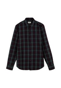 Camisa de manga larga con botones, de cuadros negros y rojos, con cuello de solapa. Presenta líneas de cuadricula blancas y un diseño de ajuste regular.