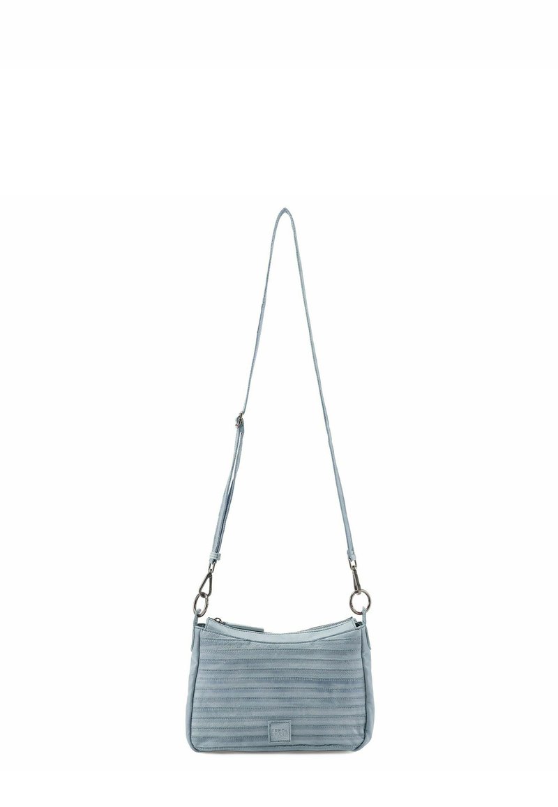 Borsa a tracolla azzurro chiaro, con texture a strisce parallele, hardware in argento, tracolla regolabile, chiusura con zip, design compatto.