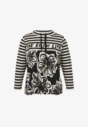Haut à manches longues noir et blanc à rayures, ornée de grands motifs floraux, avec une capuche et des cordons noir, fabriqué dans un tissu doux.