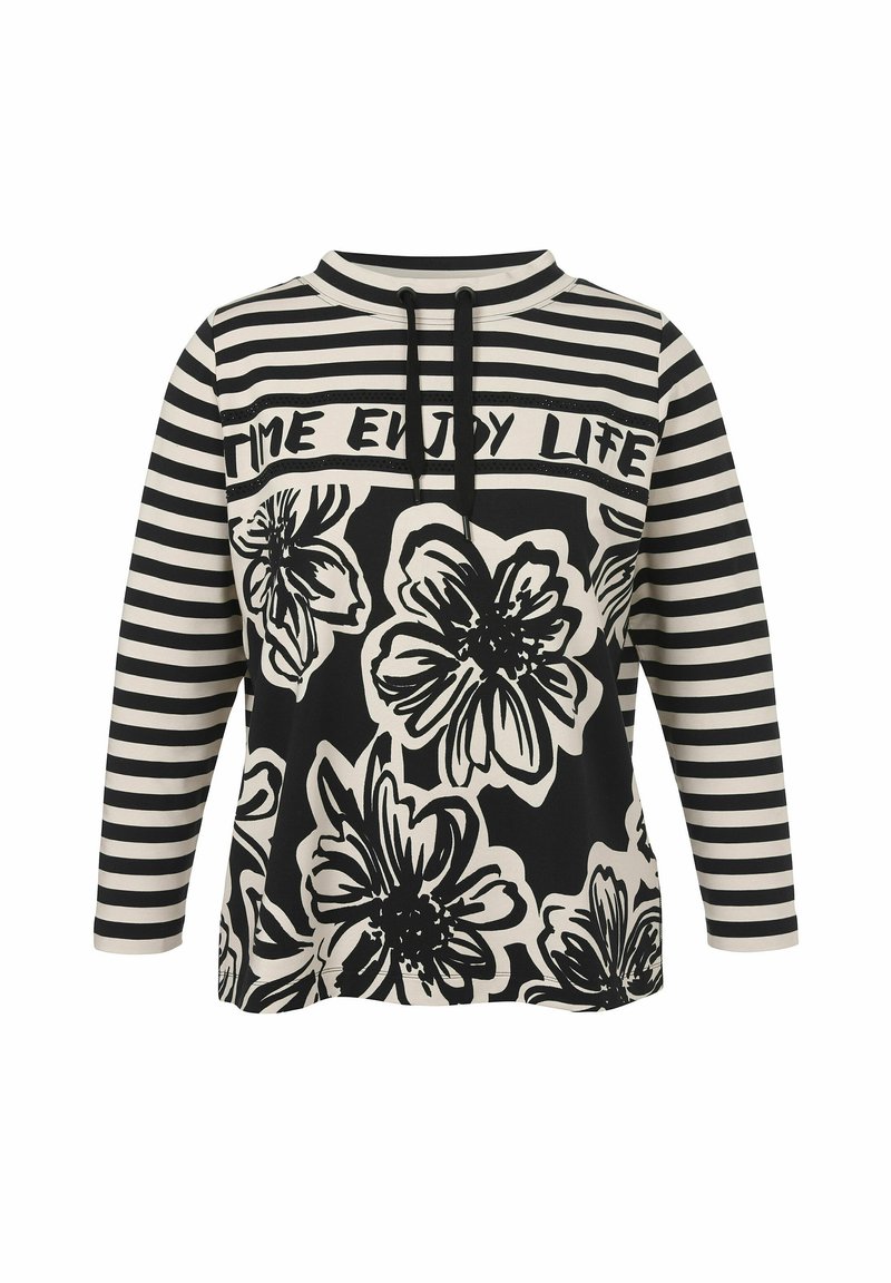 Zwart-witte gestreepte langemouwen top met grote bloemenprints en een capuchon met zwarte trekkoorden, gemaakt van een zachte stof.
