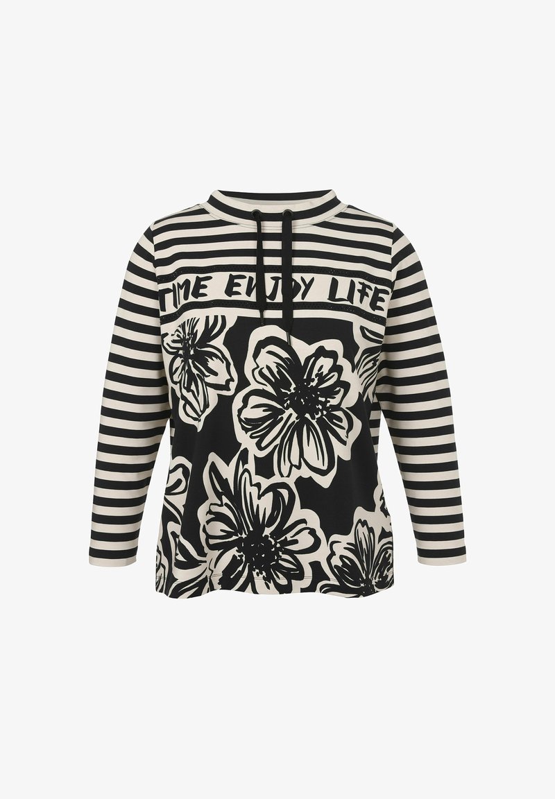 Zwart-witte gestreepte langemouwen top met grote bloemenprints en een capuchon met zwarte trekkoorden, gemaakt van een zachte stof.