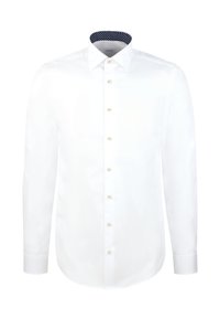 Camicia bianca a maniche lunghe, con colletto a pois blu navy a contrasto e bottoni color crema lungo la parte frontale. Tessuto morbido e vestibilità regolare.
