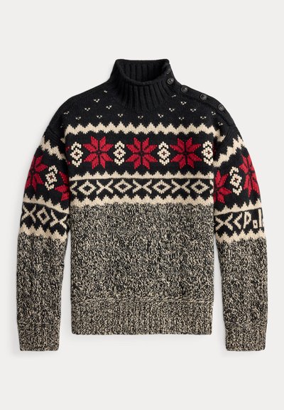 Knit sweater in black, cream, and red with a high collar, featuring snowflake and geometric patterns, and button accents on the shoulder.