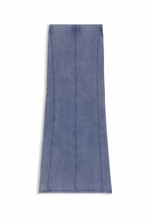 Denim-Midirock in Dunkelblau mit vertikaler Rippenstruktur, ausgestattet mit zwei vorderen Nähten und gerader Silhouette.