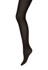 Calze nere opache, realizzate in materiale liscio, con un design senza cuciture, lunghezza a metà coscia e una leggera lucentezza sulla superficie.