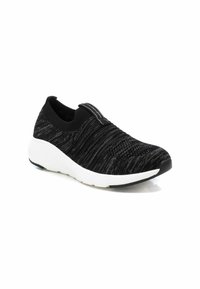 Zapatilla deportiva sin cordones en blanco y negro con parte superior de punto texturizado, cuello acolchado y entresuela blanca. Presenta una puntera redondeada y una suela duradera.