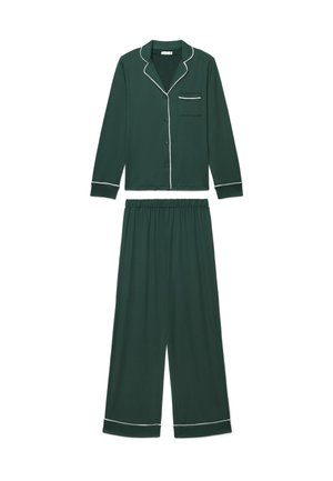 Set pigiama verde scuro a maniche lunghe con piping bianco, composto da una maglia con bottoni e tasca sul petto e pantaloni larghi con vita elastica.