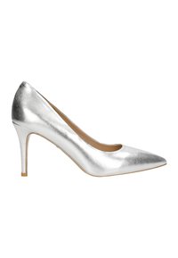 Zilveren metallic hoge hakken met een spitse neus en een soepele textuur; heeft een slanke hak en een minimalistisch ontwerp.