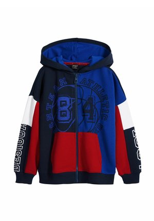 Kapuzen-Sweatshirt mit Reißverschluss, gestaltet mit blau, rot und weißen Farbblöcken. Auf der Vorderseite befindet sich eine große Grafik mit "84" und Text. Aus einem Baumwollmischgewebe.