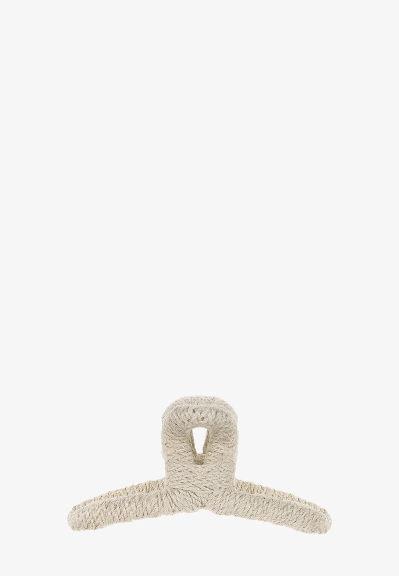 Kleine gewatteerde kledinghanger omwikkeld met dik beige touw, met een brede haak en verlengde armen voor zware of delicate kledingstukken.