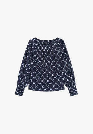 Paita sininen pitkähihainen valkoinen geometrinen kuvio, jossa on rypytetty kaula-aukko ja elastiset hihat, valmistettu pehmeästä ja joustavasta kankaasta.