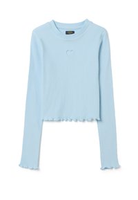 Helles blaues, geripptes Langarm-Crop-Top mit gewellten Kanten und einem kleinen Herzmotiv auf der Brust.