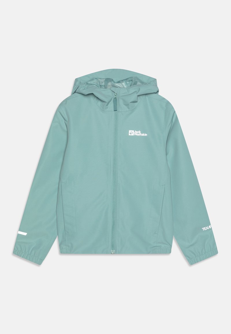Light teal jacket with a hood, made from smooth material. Features a full front zipper, white branding, and elastic cuffs for a snug fit.