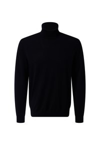 Zwarte lange mouwen turtleneck trui met geribde manchetten en zoom, weergegeven op een effen witte achtergrond.