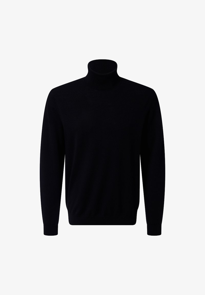 Zwarte lange mouwen turtleneck trui met geribde manchetten en zoom, weergegeven op een effen witte achtergrond.