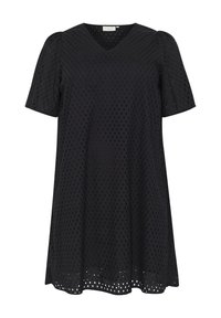 Black short-sleeve dress with a V-neck, featuring a textured openwork pattern and a loose, A-line silhouette.
