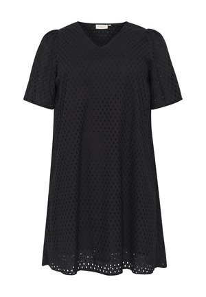 Czarna sukienka o krótkich rękawach z dekoltem w kształcie V, z teksturowanym ażurowym wzorem i luźnym krojem w literę A.
