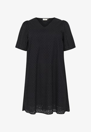 Czarna sukienka o krótkich rękawach z dekoltem w kształcie V, z teksturowanym ażurowym wzorem i luźnym krojem w literę A.