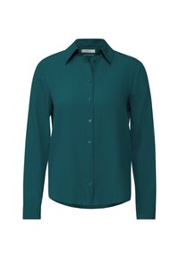 Camicia button-up a maniche lunghe color turchese con colletto, texture sottile, orlo dritto e sei bottoni coordinati sul davanti.