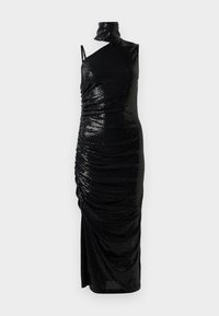Black sequined dress with one shoulder, draped design, and gathered texture. Features a high neck and thigh-high slit.