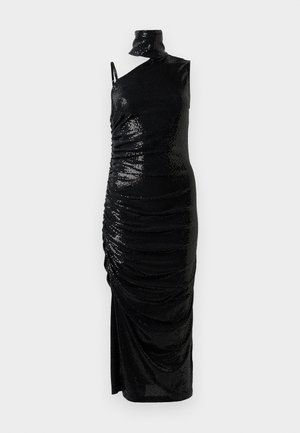 Black sequined dress with one shoulder, draped design, and gathered texture. Features a high neck and thigh-high slit.