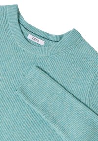 Helles blaues gestricktes Sweatshirt mit einem gerippten Textur und Rundhalsausschnitt. Das Etikett trägt die Aufschrift "CECIL." Der Ärmelsaum liegt über dem Körper gefaltet.