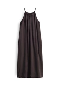 Schwarzes ärmelloses Kleid mit gerafftem Ausschnitt, fließender Silhouette und leichtem Stoff. Verfügt über dünne, verstellbare Träger und einen knielangen Schnitt.