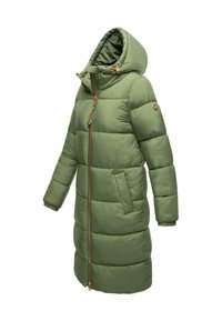 Green puffer coat with a hood, featuring a front zipper, side pockets, and ribbed cuffs, made of smooth, insulated fabric.