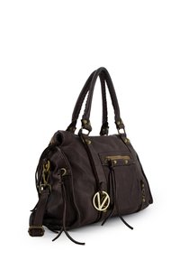 Braune Lederhandtasche mit geflochtenen Griffen, goldfarbenen Hardware-Akzenten, vorderer Reißverschlusstasche und dekorativen Quasten. Verfügt über ein großes Hauptfach.