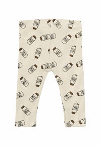 Gräddfärgade ribbade leggings med ett upprepat tryck av mjölkflaskor med bruna lock och svart text. Elastiskt midjeband för komfort.