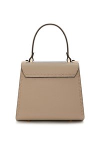 Beige Lederhandtasche mit strukturiertem Design, kurzem Henkel und metallischen Akzenten. Verfügt über einen Klappenverschluss und präzise Nähte.