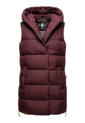 Bordeaux gewatteerde vest met een capuchon, voorzien van een ritssluiting, drukknoopjes op de zakken en een gestructureerd gewatteerd ontwerp.