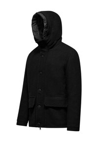 Giacca nera in misto lana con cappuccio foderato, chiusura a cinque bottoni, due tasche frontali e una finitura testurizzata. Progettata per calore e comfort.