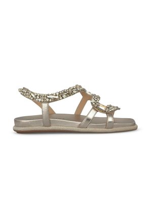 Metallic gold flat sandals with decorative beaded straps and a cushioned sole. Open design with multiple support bands across the foot.