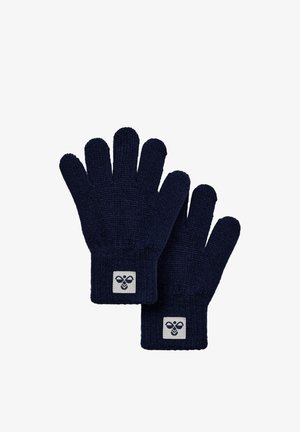 Granatowe dzianinowe rękawiczki z ściągaczami. Na nadgarstku znajduje się naszywka z logo. Wykonane z teksturowanej przędzy, zapewniające ciepło i wygodę.