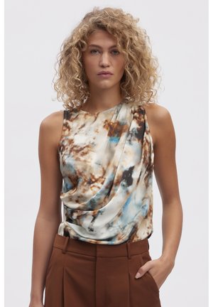 Sleeveless top med et flydende fald i et flerfarvet abstrakt print af brune og blå nuancer, lavet af et let og glat stof.