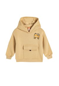 Felpa beige con cappuccio, maniche lunghe, tasca frontale e design ricamato di un personaggio. Materiale morbido in misto cotone.