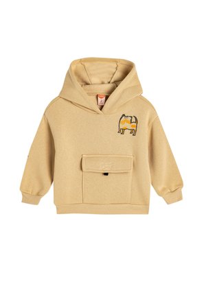 Beige hoodie met lange mouwen, een voorzak en een geborduurd ontwerp van een karakter. Zachte, katoenmix stof.