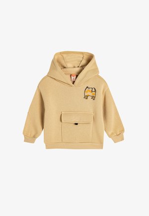 Beige hoodie met lange mouwen, een voorzak en een geborduurd ontwerp van een karakter. Zachte, katoenmix stof.