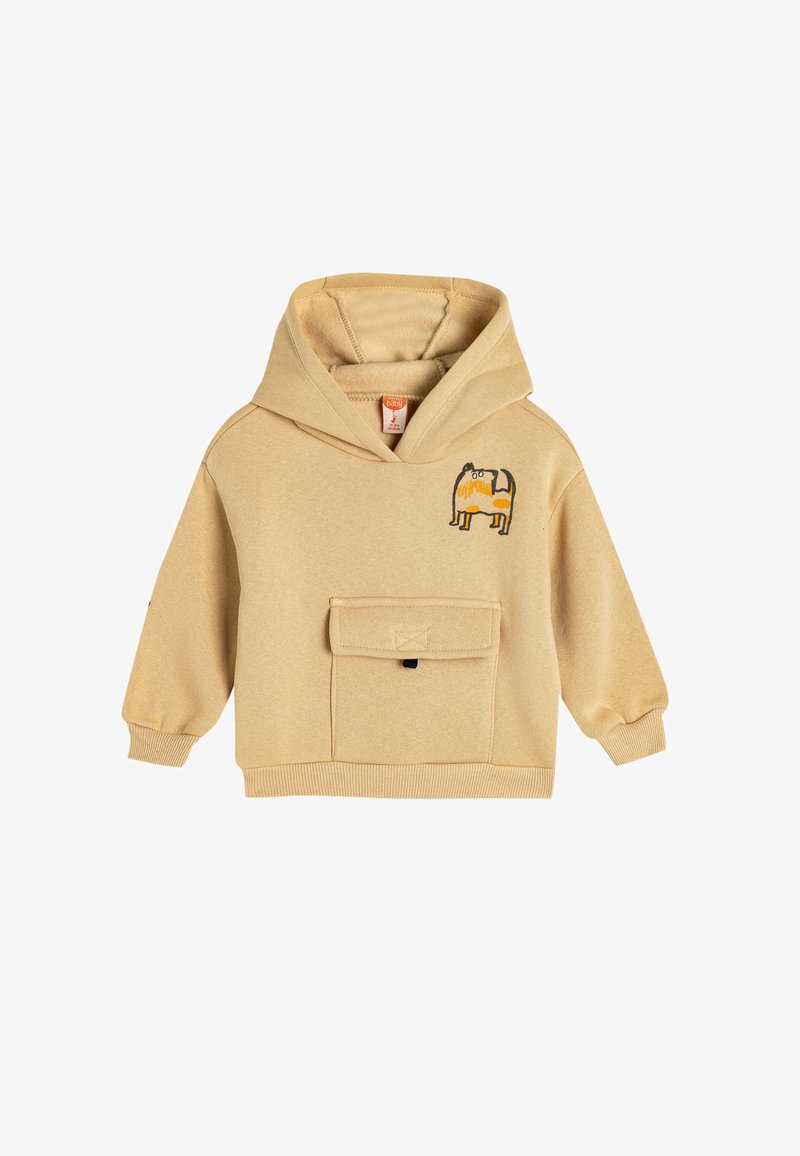 Beige hoodie met lange mouwen, een voorzak en een geborduurd ontwerp van een karakter. Zachte, katoenmix stof.