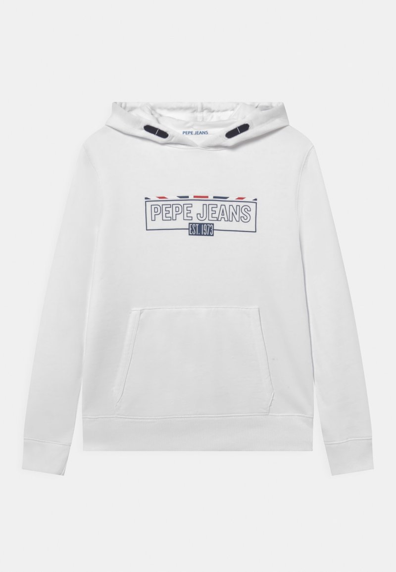 Sweat à capuche blanc avec poche avant, détails bleu marine et rouges sur la capuche, et "PEPE JEANS EST. 1973" imprimé sur la poitrine.