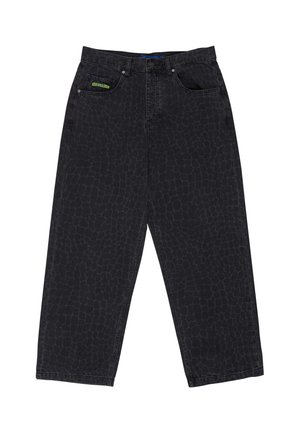Czarne jeans z szerokimi nogawkami z subtelnym wzorem skóry gada i zielono-żółtą metką nad prawą przednią kieszenią.