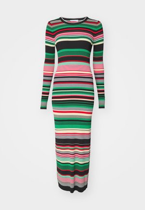 Robe à manches longues et à côtes présentant des rayures horizontales multicolores en vert, rouge, noir et beige. Design ajusté avec un col rond.