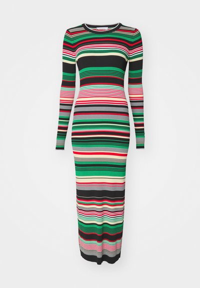 Long-sleeve, ribbed dress featuring multicolored horizontal stripes in green, red, black, and beige. Form-fitting, crew neck design.