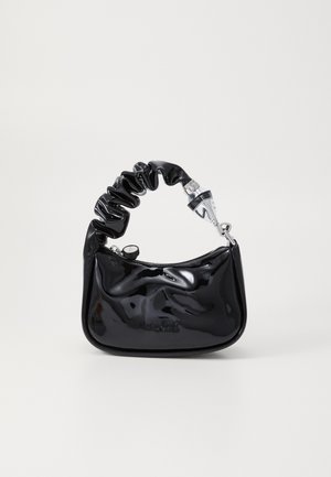 Glossy black handbag with scrunched handle and zipper closure, featuring a round silver clasp detail on a plain white background.