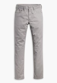 Pantalones de algodón grises con un diseño de pierna recta, que cuentan con cinco bolsillos, pasadores para el cinturón y un cierre de botón metálico en la cintura.