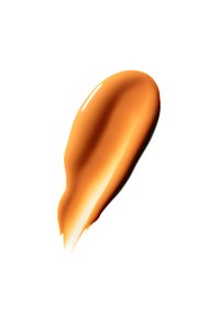 Échantillon de maquillage liquide orange-beige avec une texture lisse et une finition brillante sur fond blanc.