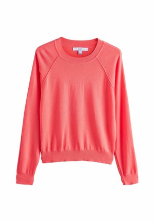 Korallenroter Pullover mit langen Raglanärmeln, einem gerippten Rundhalsausschnitt und einer taillierten Passform. Hergestellt aus weichem, leichtem Stoff.