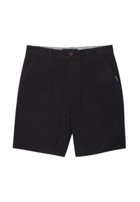 Black cotton shorts with a button closure, side pockets, and a single back pocket. Features a subtle texture and clean design.